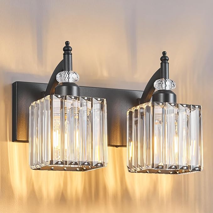 Modern Bathroom Vanity Light 2-Light Black Crystal Light Fixtures Over Mirror by BBLLWJ