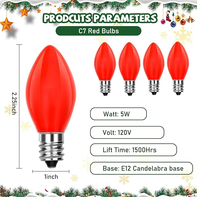 25 Pack C7 Red Replacement Bulbs, Christmas Light Bulbs Vintage Ceramic Opaque - Image 2