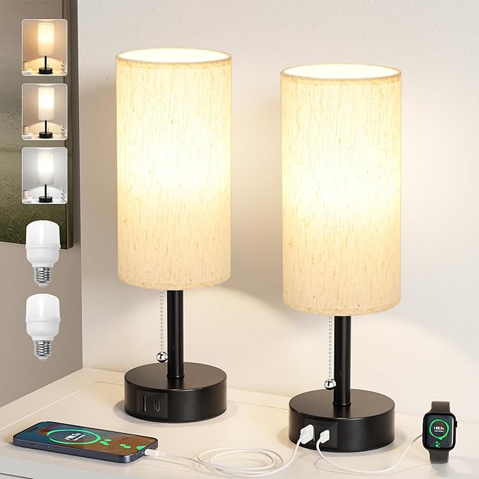 Fenmzee USB Bedside Table Lamps Set of 2-3 Color Temperatures Pull Chain Lamp - Image 7