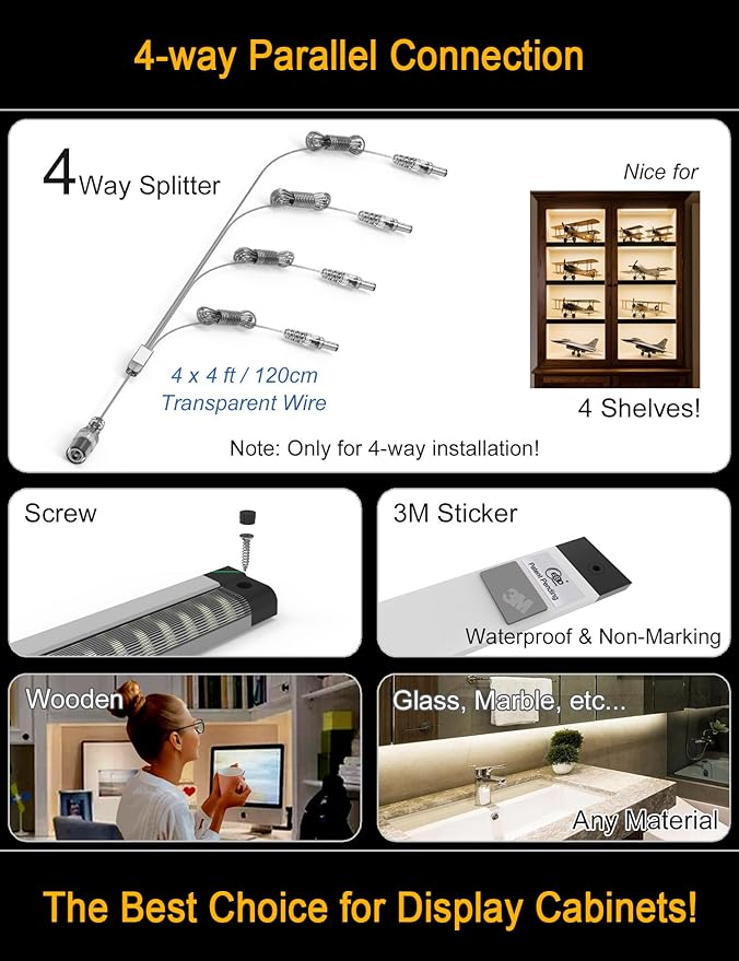 EBD LED Shelf Lights for Bookshelf Closet Bookcase 4-Way 48” Splitter Parallel - Image 2