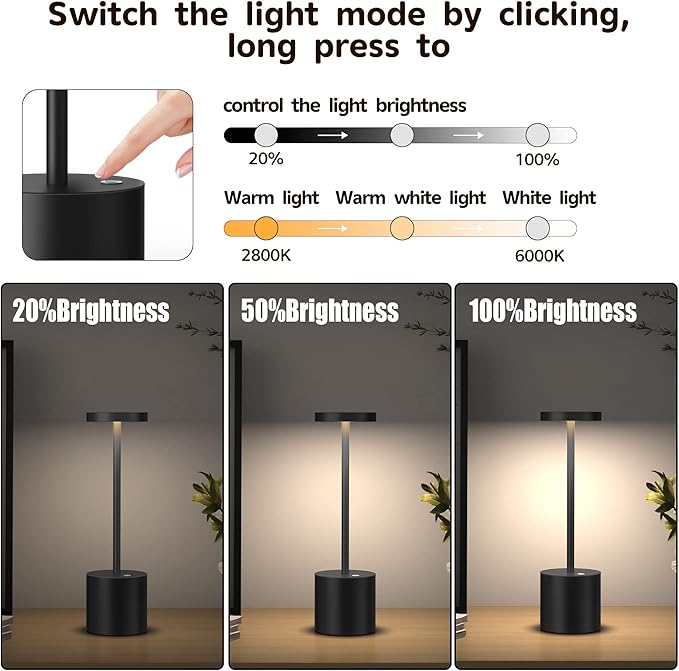 2Pack Cordless Table Lamp, Rechargeable LED Battery 5000mAh Metal USB Portable - Image 2
