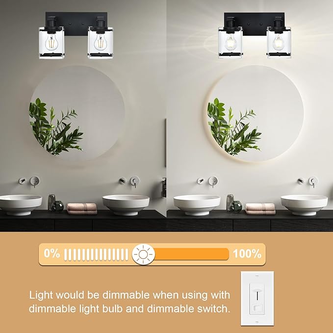 Black 2-Light Wall Sconce Bathroom Light Fixture, Rectangular Clear Glass - Image 4