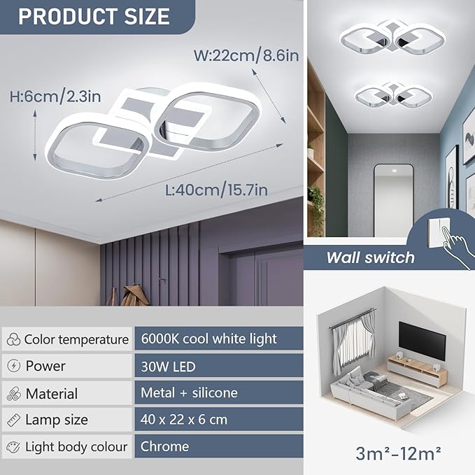ElDISUNY Modern LED Ceiling Lights, 30W Sliver Elegant Square Lamp LED Ceiling - Image 3