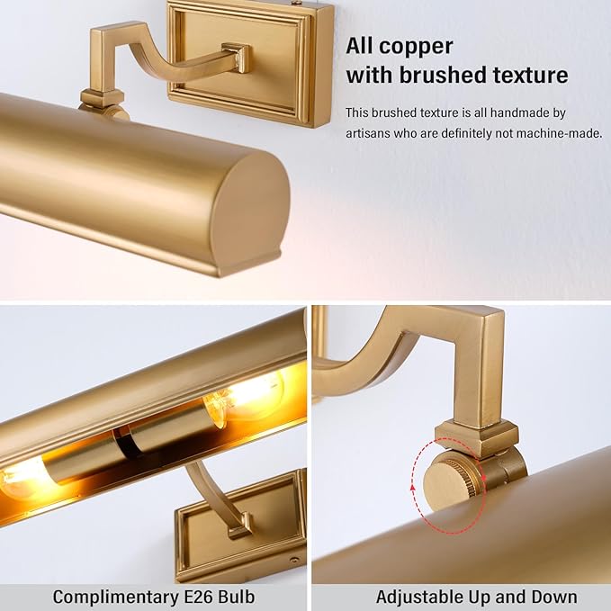 12in Brass Picture Light, 270° Rotatable Gold Wall Sconce Hardwired, 2-Light - Image 6