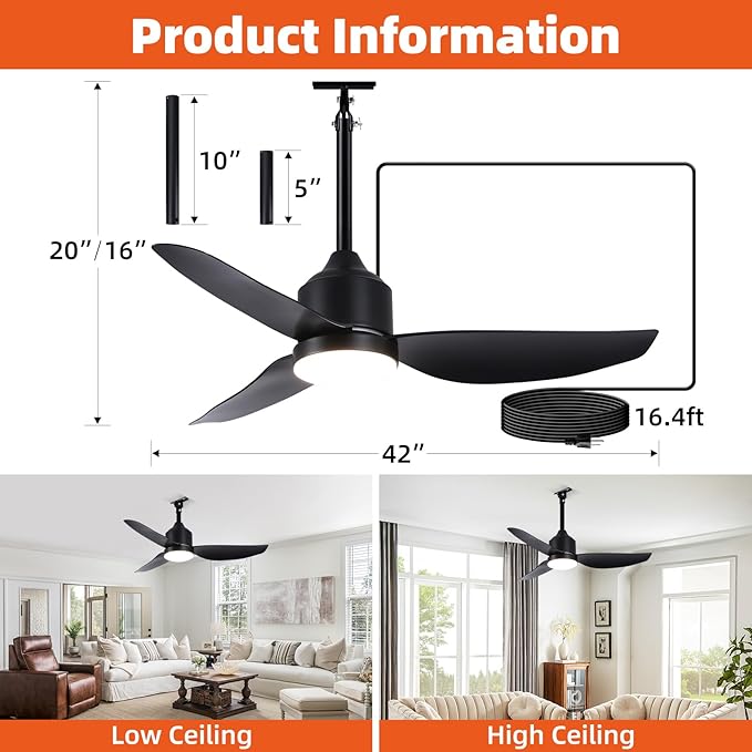 Outdoor Ceiling Fan with Light, 42 Inch Black Waterproof Outdoor Patio Fan with - Image 5