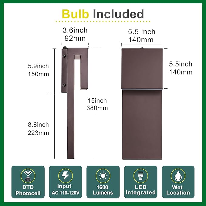 15IN Outdoor Wall Sconce Fixture, Dusk to Dawn Patio Lights, Waterproof - Image 6