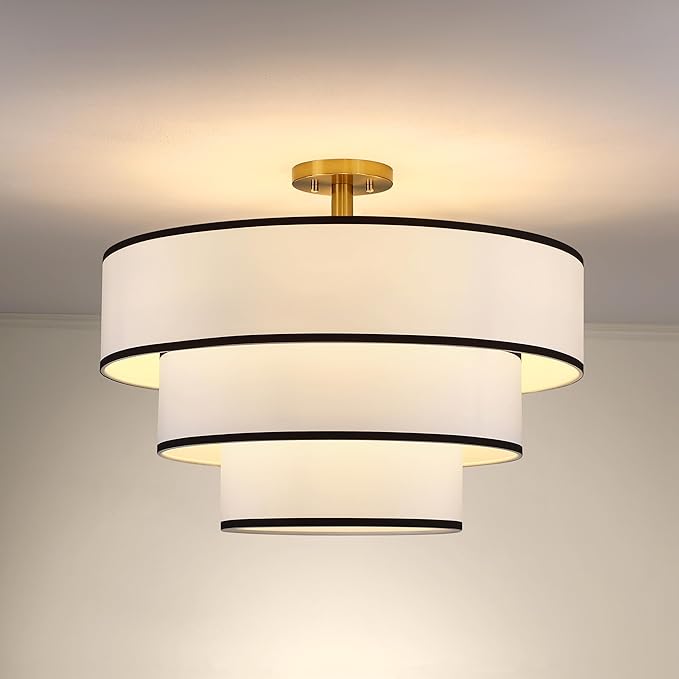 Doraimi Lighting 3 Tier Black White Linen Drum Fabric Semi Flush Mount Light by DoraimiLighting