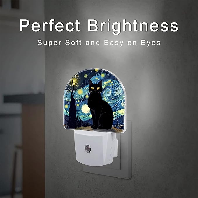 Starry Night Black Cat Night Light Plug into Wall, Impressionist Oil Painting - Image 2