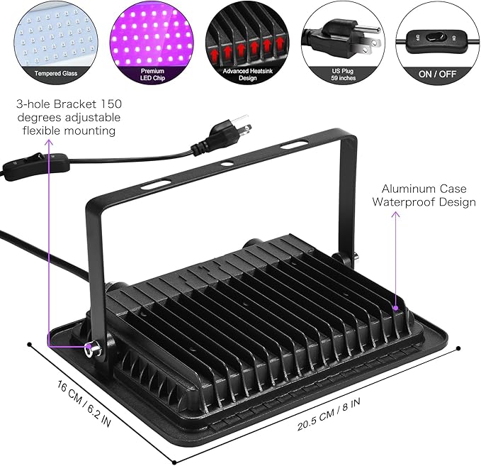 2 Pack 150W Black Light Flood Light, IP66 Waterproof - Image 4
