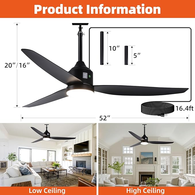 Outdoor Ceiling Fan with Light, 52 Inch Black Waterproof Plug in Ceiling Fan - Image 5