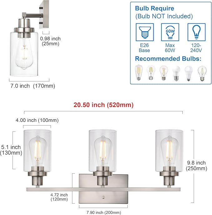 MELUCEE 3 Lights Wall Sconce Brushed Nickel Finished Modern Bathroom Vanity - Image 5