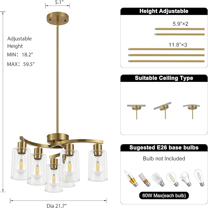 6 Light Gold Dining Room Light Fixture，Modern Farmhouse Kitchen Chandeliers - Image 5