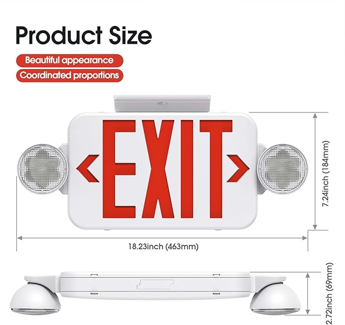 Red Led Exit Sign Emergency Light Combo Adjustable Two Head, Double Sided and - Image 6