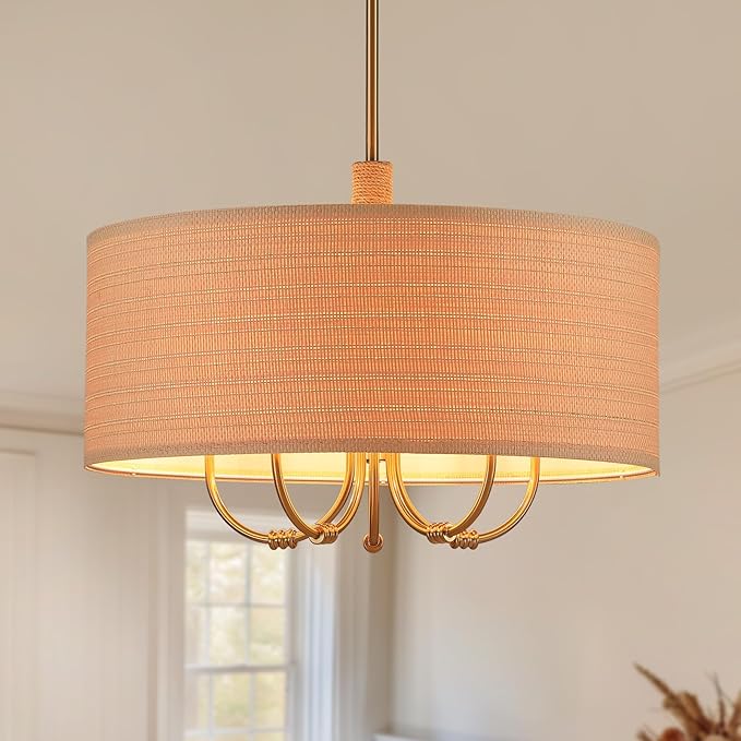 Large 5-Lights Modern Chandelier, Hand-Woven Rattan Chandelier, Antique Brass - Image 9