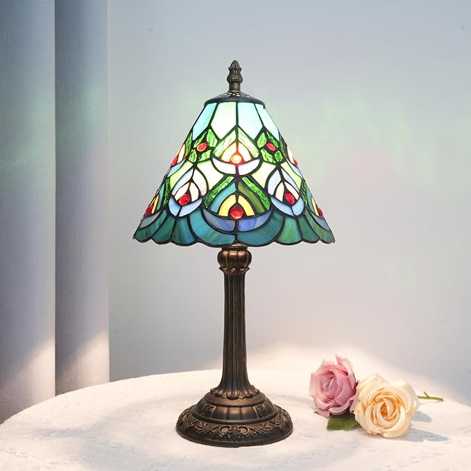 Green Peacock Decor Small Tiffany Style Table Lamp Antique Stained Glass Lamps - Image 4