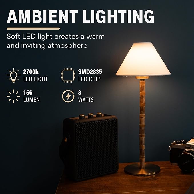 Bamboo Cordless LED Table Lamp – Rechargeable 24-Hour Battery, Dimmable Warm - Image 3