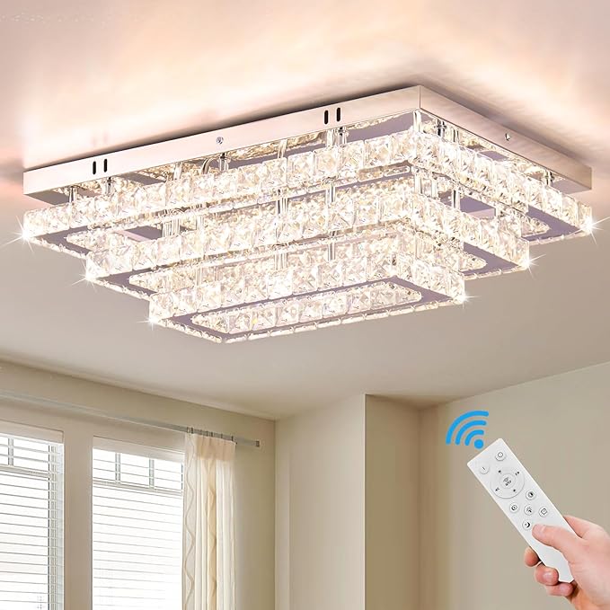 Finktonglan Modern Crystal LED Ceiling Light Fixtures 20” Dimmable Rectangular by Finktonglan