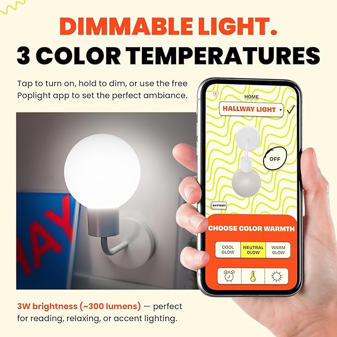 Wireless Wall Sconce Rechargeable & Dimmable LED Light w/App Control & - Image 3