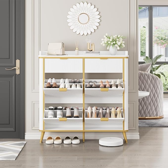 Fluted Shoe Cabinet Storage, Modern Slim Shoe Organizer Cabinet - Image 5