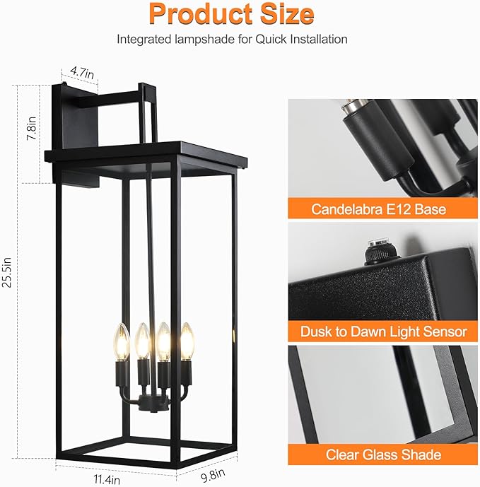 tewei 26in Large Size Dusk to Dawn Outdoor Wall Lights, Matte Black Exterior - Image 5