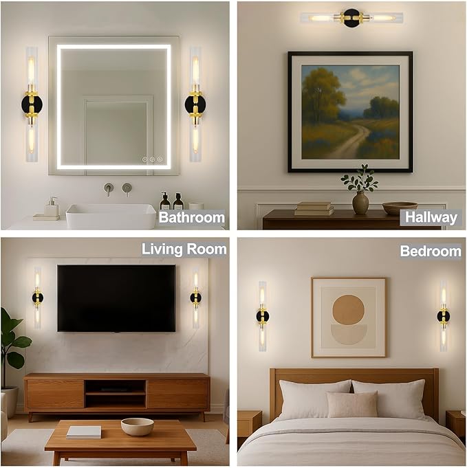 LaLuLa Black and Gold Vanity Light Fixtures – Modern Hardwired Dual-Light Wall - Image 3