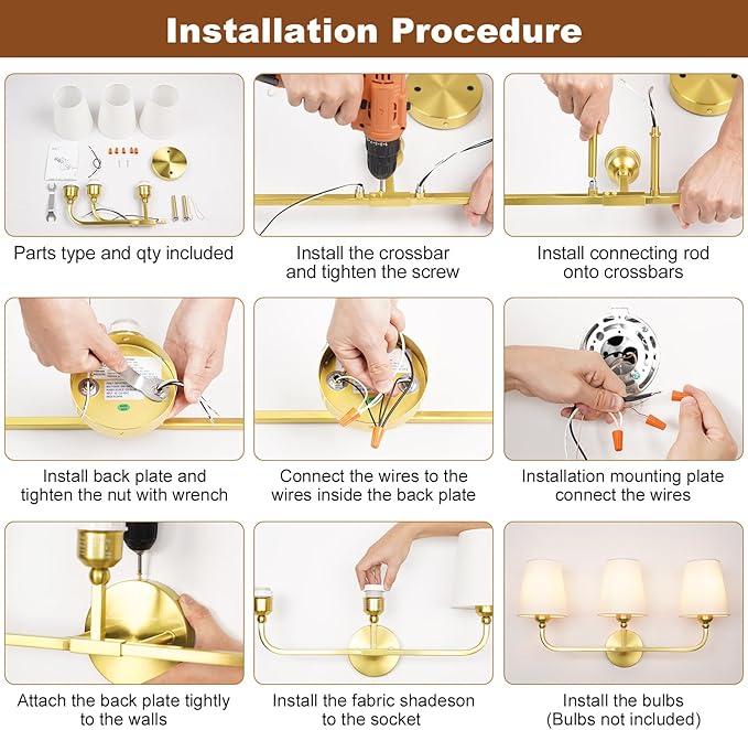 Brushed Gold Bathroom Light Fixtures, 3-Light Vanity Lights, Bathroom Lighting - Image 9