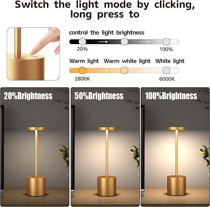 2Pack Cordless Table Lamp, Rechargeable LED Battery 5000mAh Metal USB Portable - Image 2