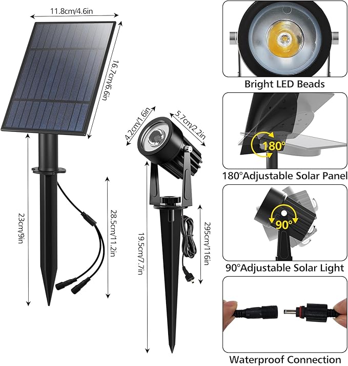 T-SUN Solar Spotlights 2W Outdoor LED Landscape Spot Light, 2-in-1 Waterproof - Image 8