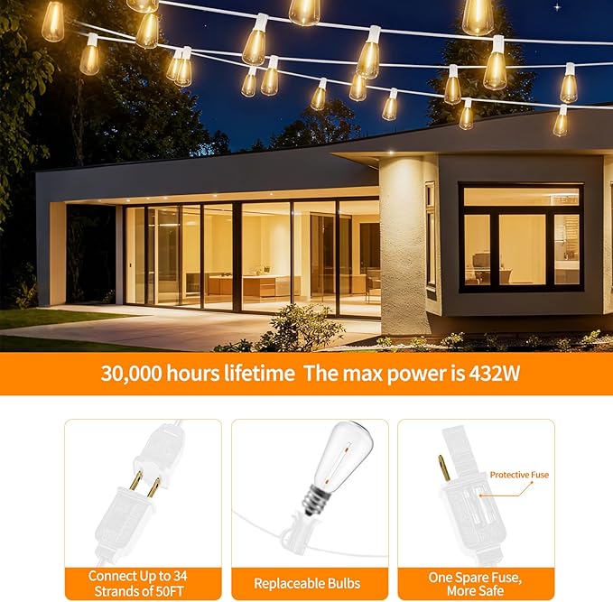 LED Outdoor String Lights 50ft ST38 White Waterproof Patio Lights - Image 4