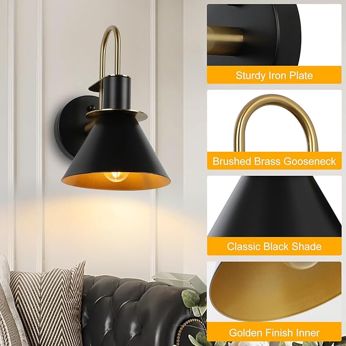 WILON Gold and Black Wall Sconces Set of Two, Modern Farmhouse Wall Light - Image 4