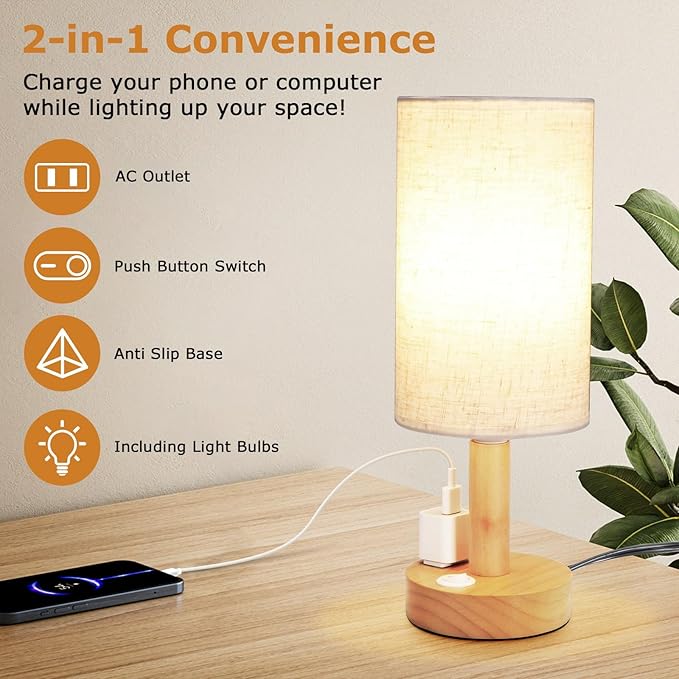 Small Bedside Table Lamp with AC Outlet, Natural Wood Base & Linen Shade - Image 5