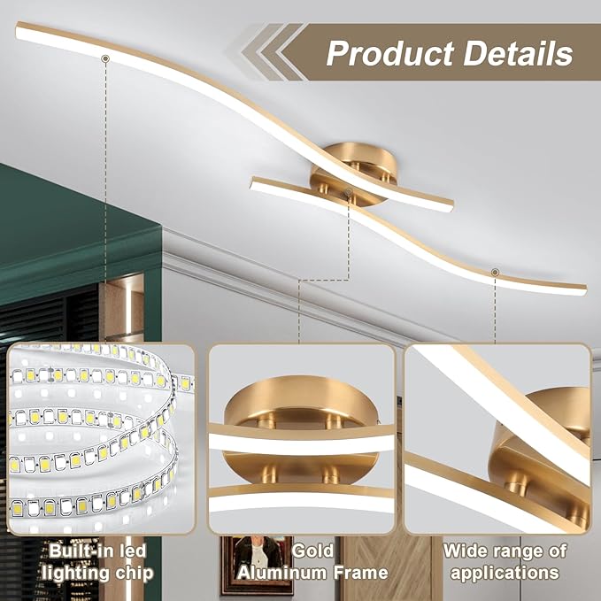 28W Gold Linear Ceiling Light Gold Modern LED Ceiling Light Fixture 6000K - Image 3