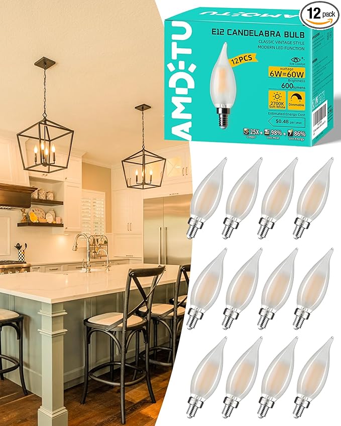 Frosted LED Candelabra Bulb E12 Small Base, 60 Watt Equivalent 2700K Soft White by EyeComfortFamilyBulbs