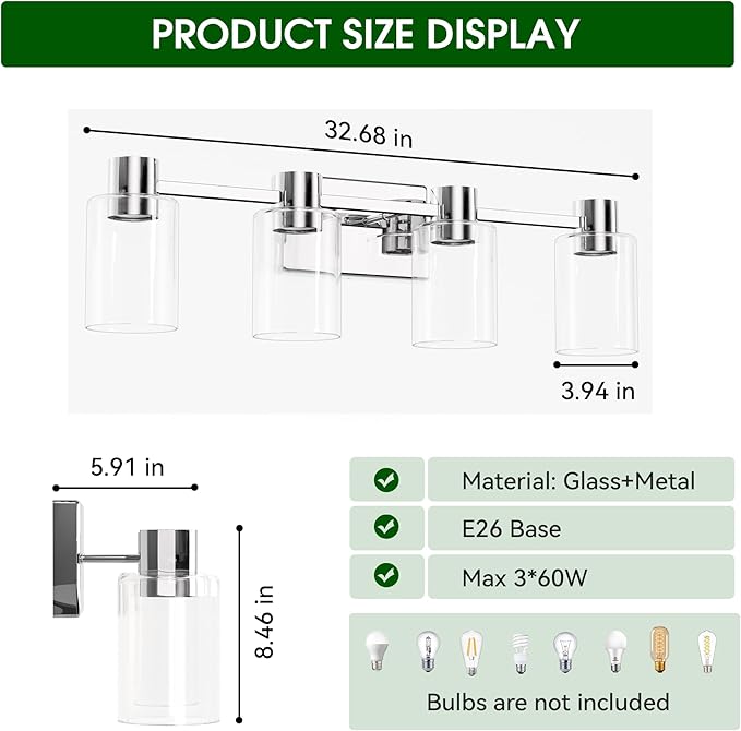 4-Light Modern Vanity Light Fixtures Over Mirror, Chrome Bathroom Light Fixtures - Image 6