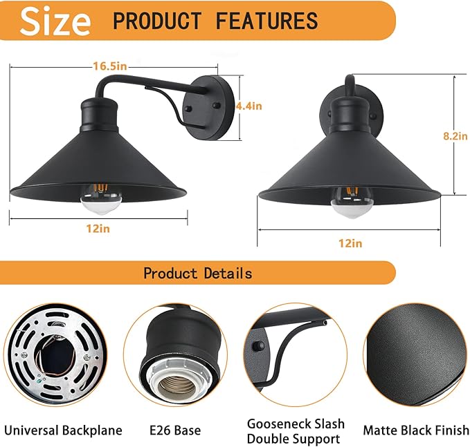 12in Matte Black Outdoor Wall Lights, Modern Farmhouse Porch Wall Light - Image 2