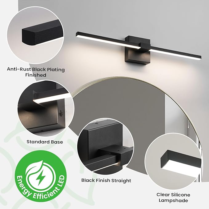 URSOLA Black Bathroom Light Fixtures, 24 inch Modern LED Vanity Lighting Over - Image 5