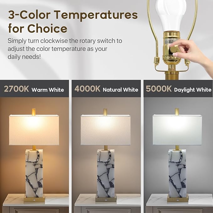Natural Marble Table Lamps Set of 2: 3-Color Temperatures Alabaster Lamp - Image 3