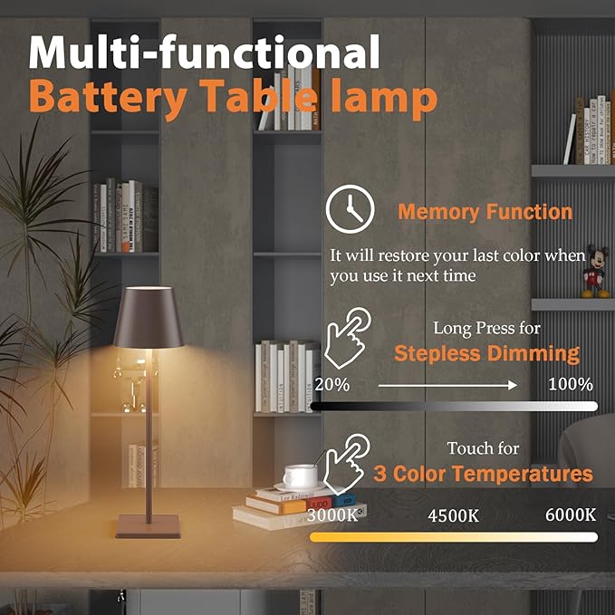 2 Pack LED Rechargeable Table Lamp Bronze, Portable 5500mAh Battery Powered - Image 5