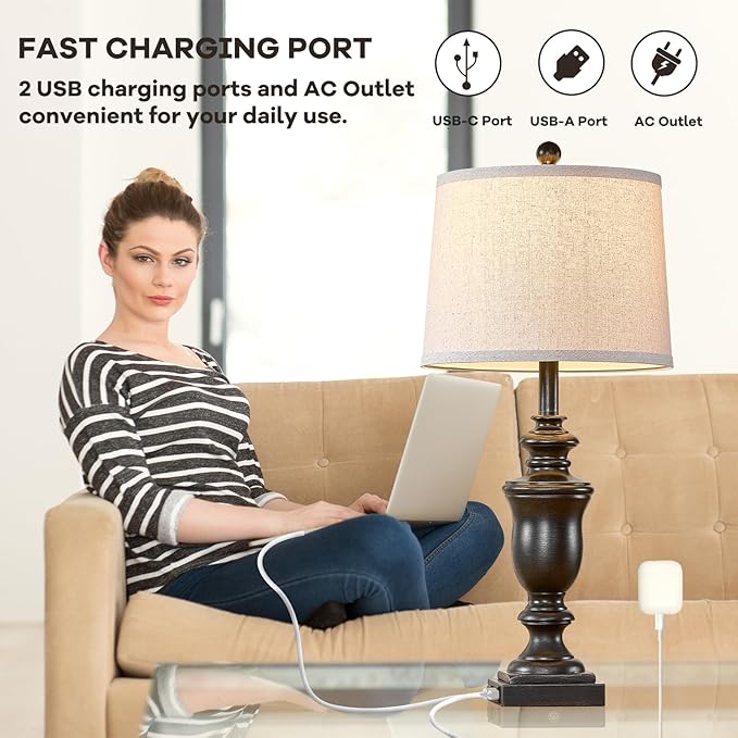 27.5" Vintage Farmhouse Table Lamps Set of 2 Bedside Lamp, 3 Way Dimmable - Image 3