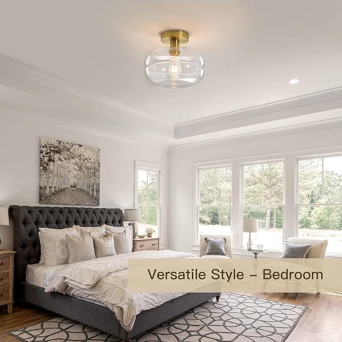 Semi Flush Mount Ceiling Light Fixture, 10-1/2 Inch Clear Glass Shade, Brushed - Image 5