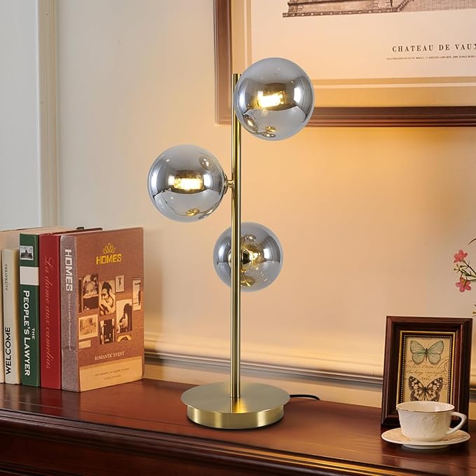 Mid Century Globe Table Lamp, Modern 3 Lights Gold Brass Desk Lamp, - Image 5