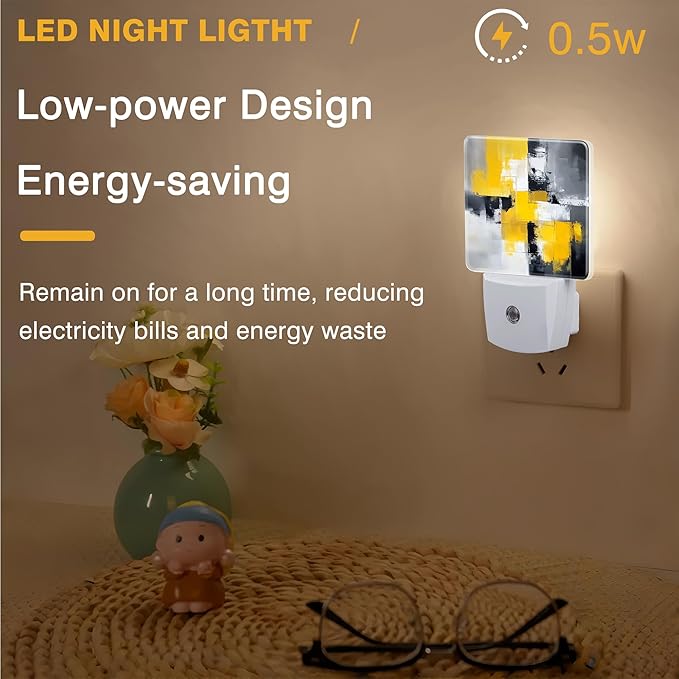 Grey and Yellow Abstract Art Night Light, Plug-in Nightlight - Image 5