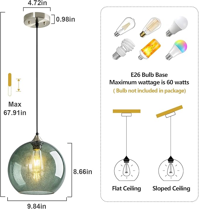 Gray Green Glass Pendant Lights Kitchen Island Lighting Globe Pendant Light - Image 2