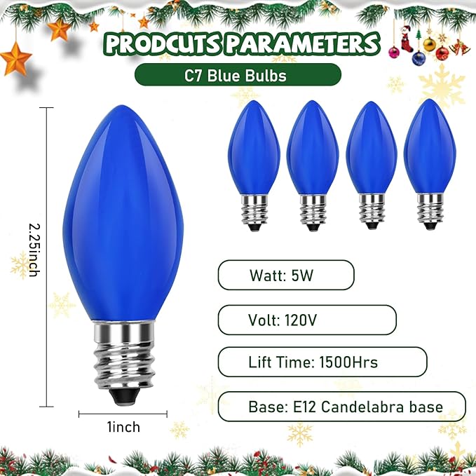 Christmas Replacement Light Bulbs, C7 Blue Ceramic Christmas Light - Image 2