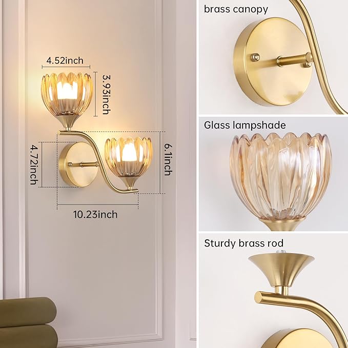 Battery Operated Wall Sconce, 2-Lights Vinatge Brass Wall Lighting - Image 5