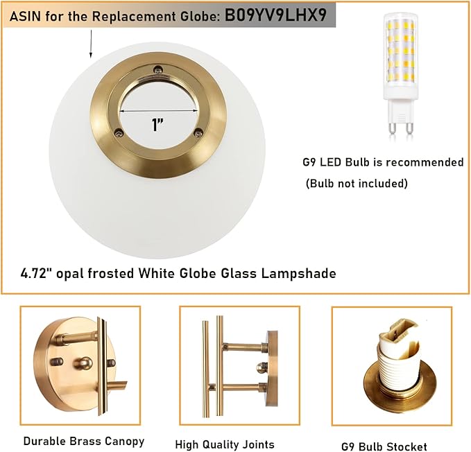 Gold Globe Wall Sconce, 7.5" W x 20" H, G9 Base, Compatible - Image 6