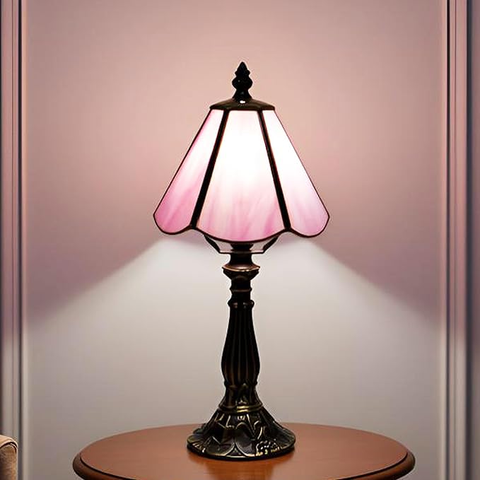Small Tiffany Table Lamp Pink Stained Glass Desk Lamps 6X6X14 Inch Bronze Resin by MQYXH