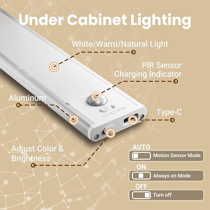 Under Cabinet Lights, Motion Sensor Magnetic LED Light, 12 inch 1500mAh - Image 3