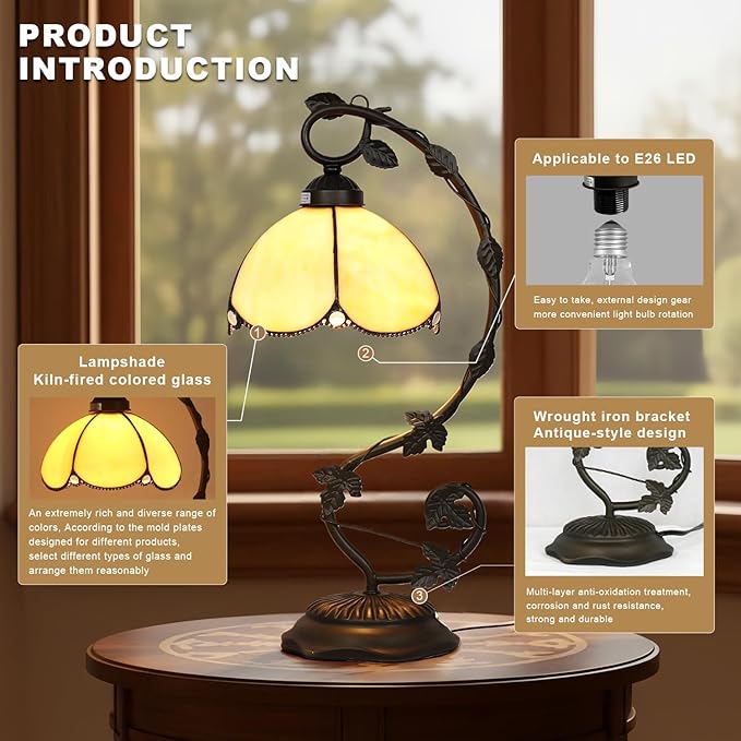 Golden Glass Table Lamp, Vintage Table Lamp, Bronze Metal Leaf Base Lamp - Image 5