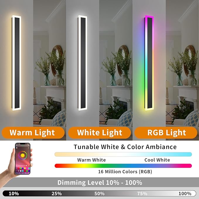 Outdoor RGB Long Wall Lights, 39.4inch 2 Pack RGB/Warm/White Dimmable Modern - Image 2